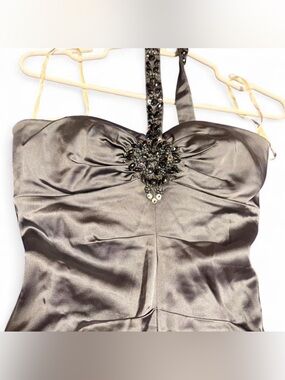 Xscape Silver Satin Cocktail Dress with Jeweled Halter